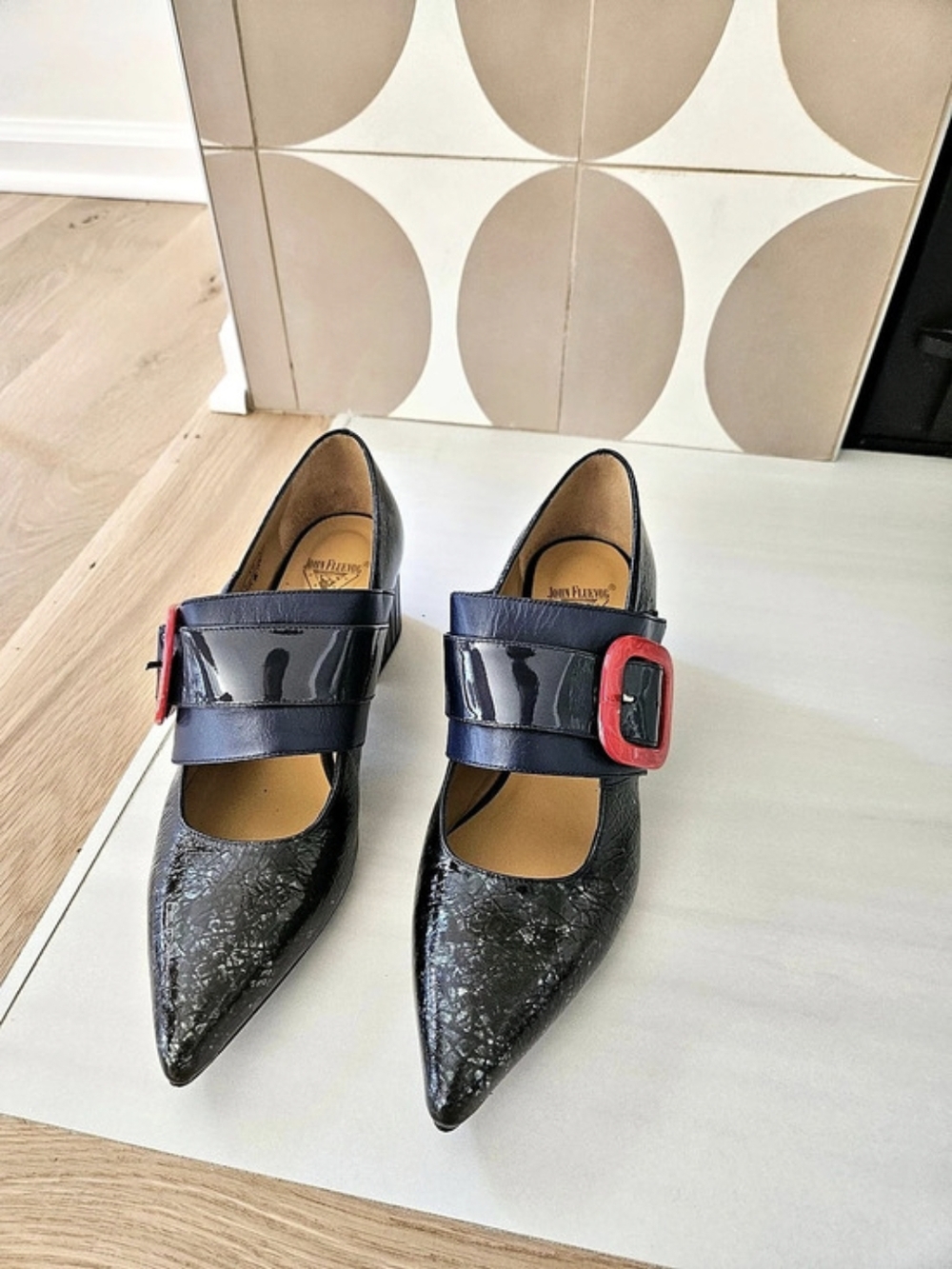 John Fluevog Mary Jane Heels - Dark Green/blue/red - Size 10